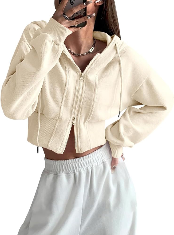 Fisoew Women's Casual Zip Up Crop Hoodies Workout Drawstring Long Sleeve Sweatshirts | Amazon (US)