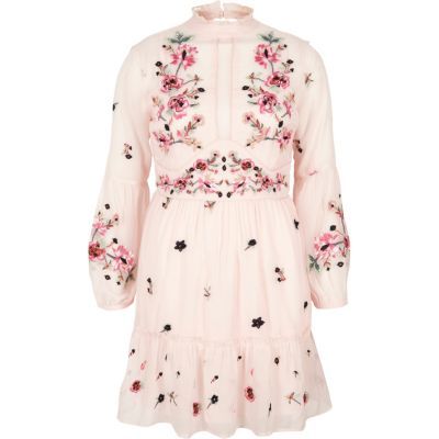 River Island Womens Petite pink floral embroidered smock dress | River Island (US)