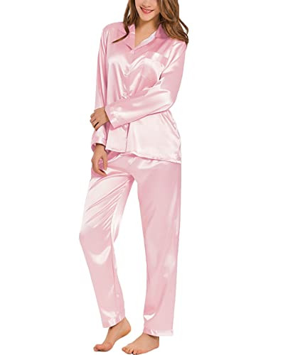 SWOMOG Long Sleeve Pajamas Set Silk Satin Sleepwear Button Down Pjs Loungewear with Pocket | Amazon (US)