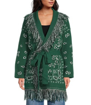 Sugarlips Bandana Fringe Shawl Collar Belted Open Front Cardigan | Dillard's | Dillard's