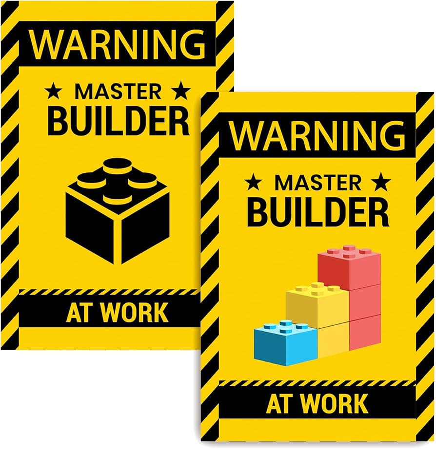 2 Pcs Wall Decor Poster Warning Master Builder at Work Sticker, Vinyl Print Building Block Bricks... | Amazon (US)