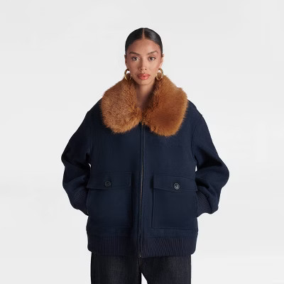 KBB by KAHLANA Women's 'The Faux Fur Collar Bomber' - Navy Blue/Teddy Brown XS | Target