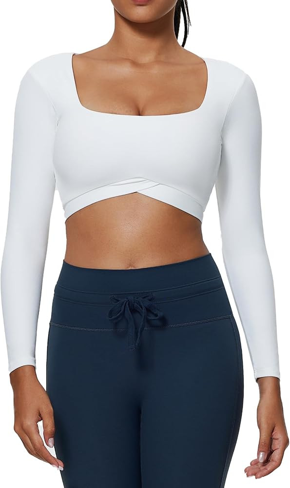 Aoxjox Vivie Long Sleeve Crop Top for Women Square Neck Hem Layers Workout Crop T Shirt Top | Amazon (US)