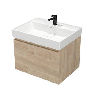 SHARP 23.6 in. W x 18.9 in. D x 22.9 in. H Wall Mounted Bath Vanity in Brown Oak  with Vanity Top Basin in White | The Home Depot