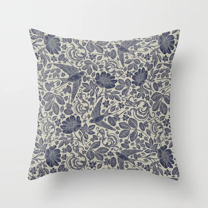 Chic Vintage Ivory Navy Blue Swallows Floral Throw Pillow | Society6