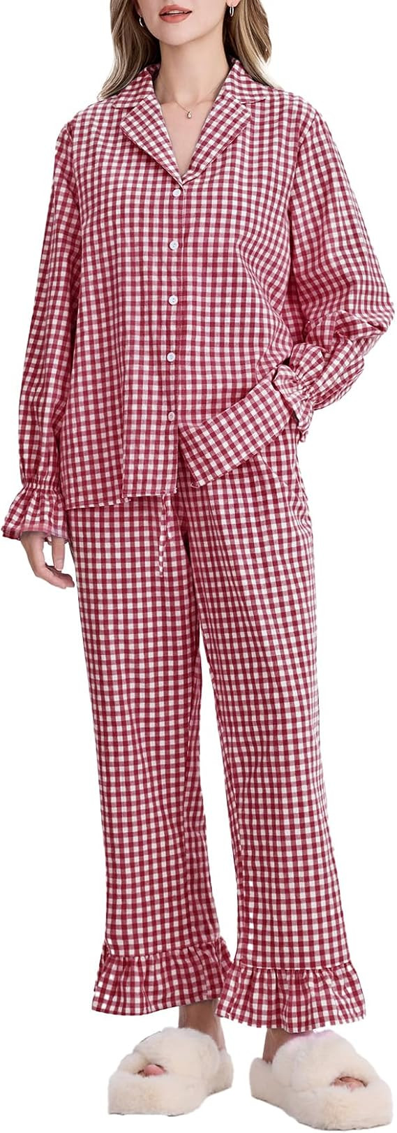 Flygo Womens Gingham Pajamas Sets Cotton Plaid Pjs Ruffled Sleeve Button Down Shirt Pants Y2k 2 P... | Amazon (US)