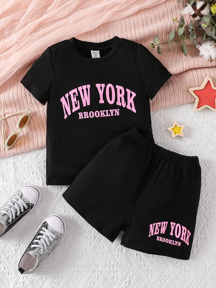 Young Girl Letter Graphic Tee & Shorts | SHEIN