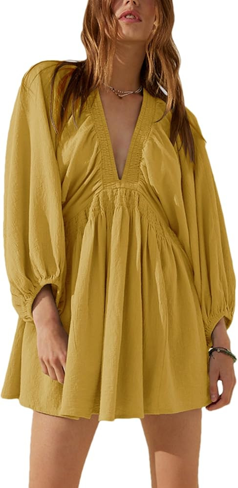 Women's Sexy Long Sleeve V Neck Tunic Dress Casual Loose Flowy Mini Swing Shift Dresses | Amazon (US)