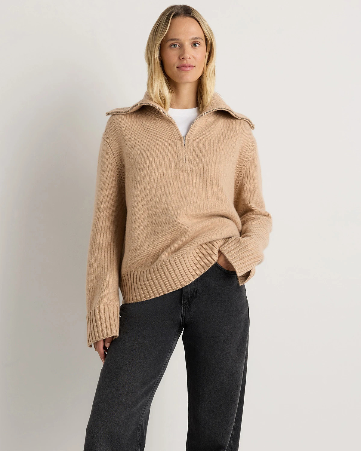 Quince | Women's Luxe Baby Cashmere Quarter Zip Sweater in Heather Caviar, Size Medium | Quince