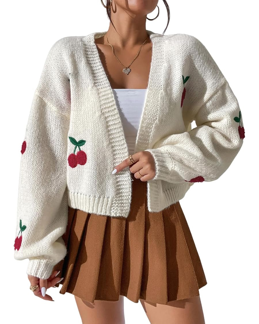 GORGLITTER Women's Graphic Cherry Cardigan Open Front Cable Knit Lantern Sleeve Cropped Cardigan ... | Amazon (US)