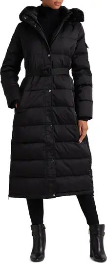 Belted Faux Fur Trim Down & Feather Fill Long Puffer Coat | Nordstrom