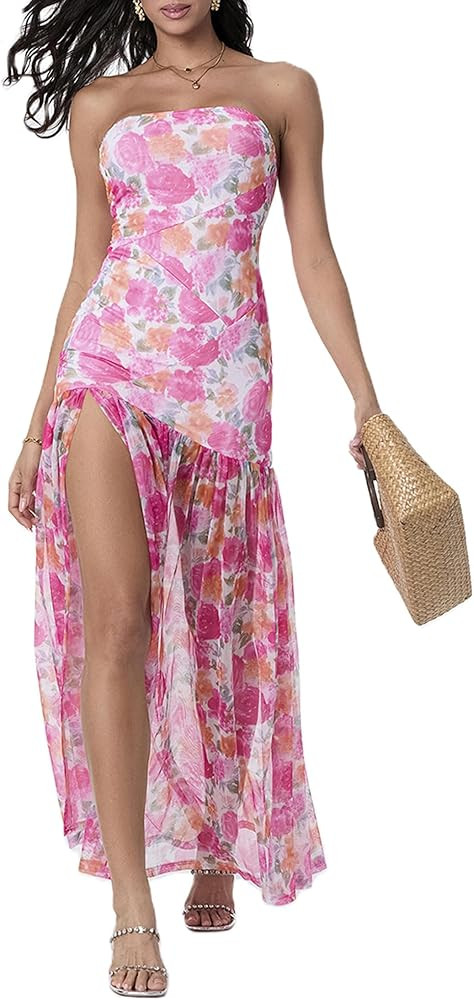 Women Strapless Tube Top Dress Summer Backless Leopard Print High Slit Long Dress Party Club Nigh... | Amazon (US)