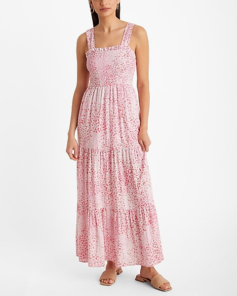 Linen-Blend Printed Square Neck Sleeveless Smocked Tiered Maxi Dress | Express