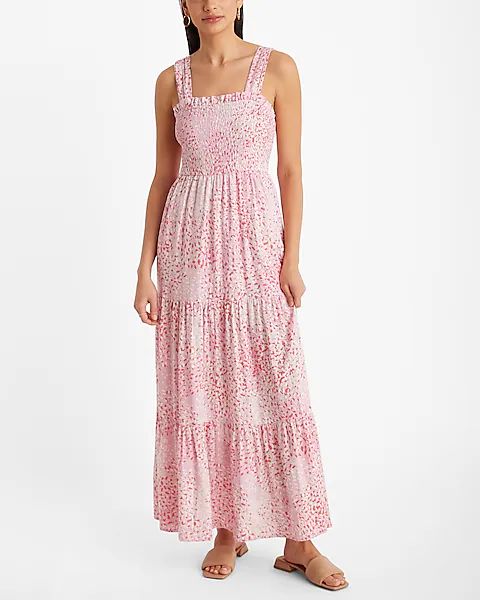 Linen-Blend Printed Square Neck Sleeveless Smocked Tiered Maxi Dress | Express