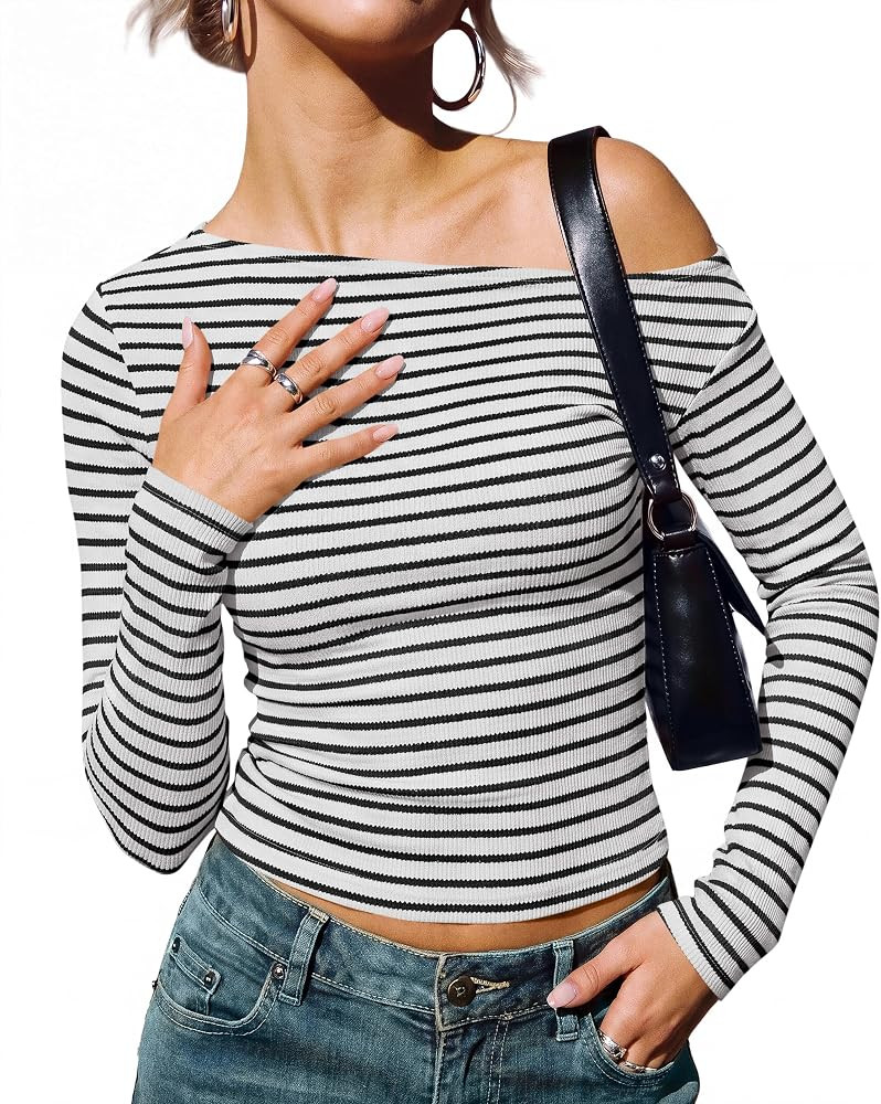 PRETTYGARDEN Women Off The Shoulder Striped T-Shirt | Amazon (US)
