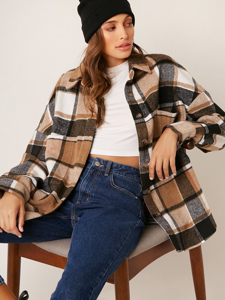 SHEIN Drop Shoulder Curved Hem Plaid Blouse | SHEIN