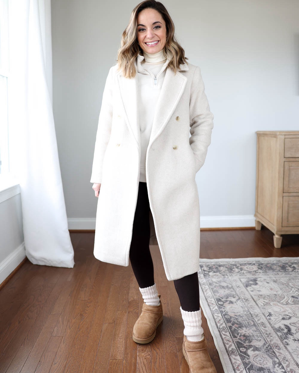 Here are three ways to style one of my favorite coats of the season!

Coat (Banana Republic Factory): petite xxs

Outfit 1:
Brown leggings (Aerie): xs short 
Cream 1/2 Zip (Athleta): xxs 
White turtleneck (J.Crew): xxs 
UGG boots: tts 

Outfit 2:
Skirt (Quince): xs in champagne 
Shape wear (Spanx): small 
Sweater (Ann Taylor): petite xxs 
Shoes (J.Crew): tts 

Outfit 3:
Jeans (Quince): 24x26”
Sweater (J.Crew): xxs
Boots: tts

My measurements for reference: 4’10” 105lbs bust, waist, hips 32”, 24”, 35” size 5 shoe. 25” inseam measurement to my ankle bone.  

#LTKSaleAlert #LTKSeasonal #LTKStyleTip