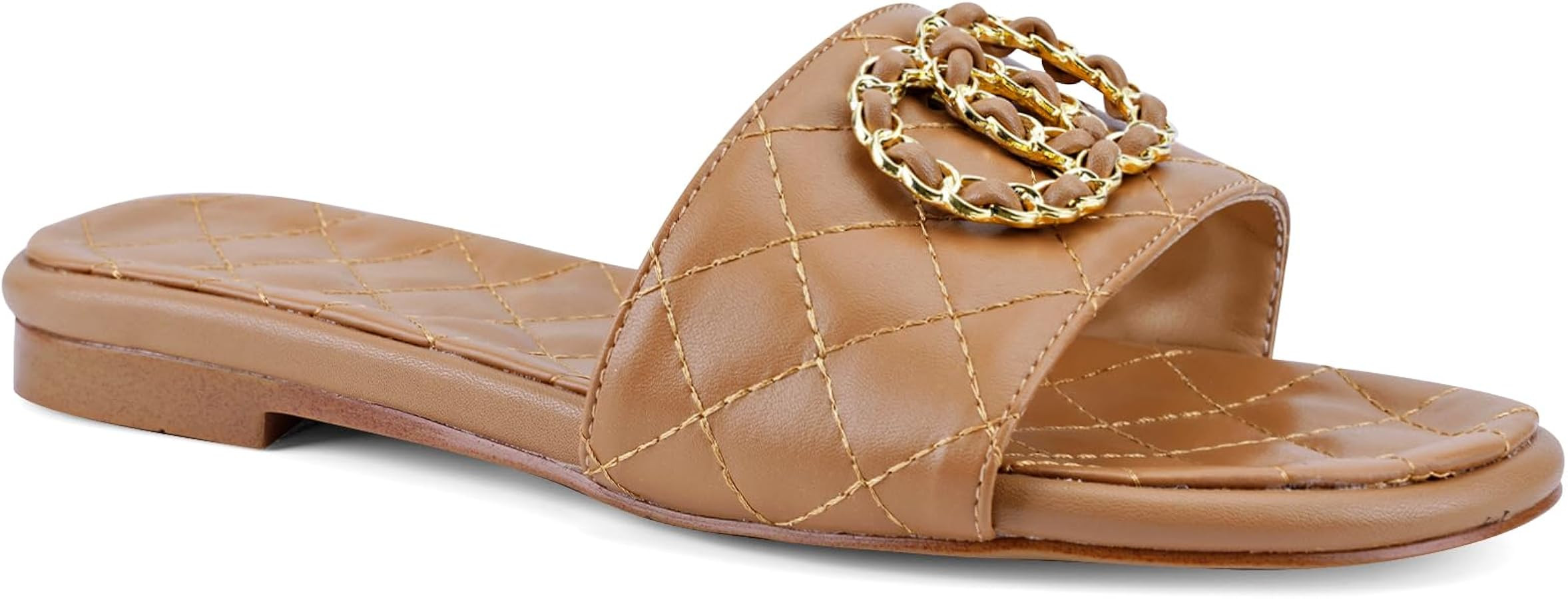Flat Sandals for Women Slip On Summer Leather Open Round Toe Casual Fashion Slippers Shoes | Amazon (US)