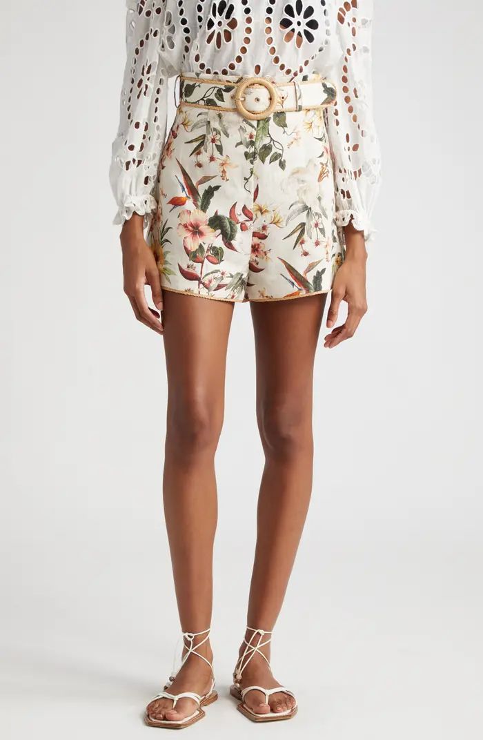 Zimmermann Lexi Tropical Floral Belted Raffia Trim Linen Shorts | Nordstrom | Nordstrom
