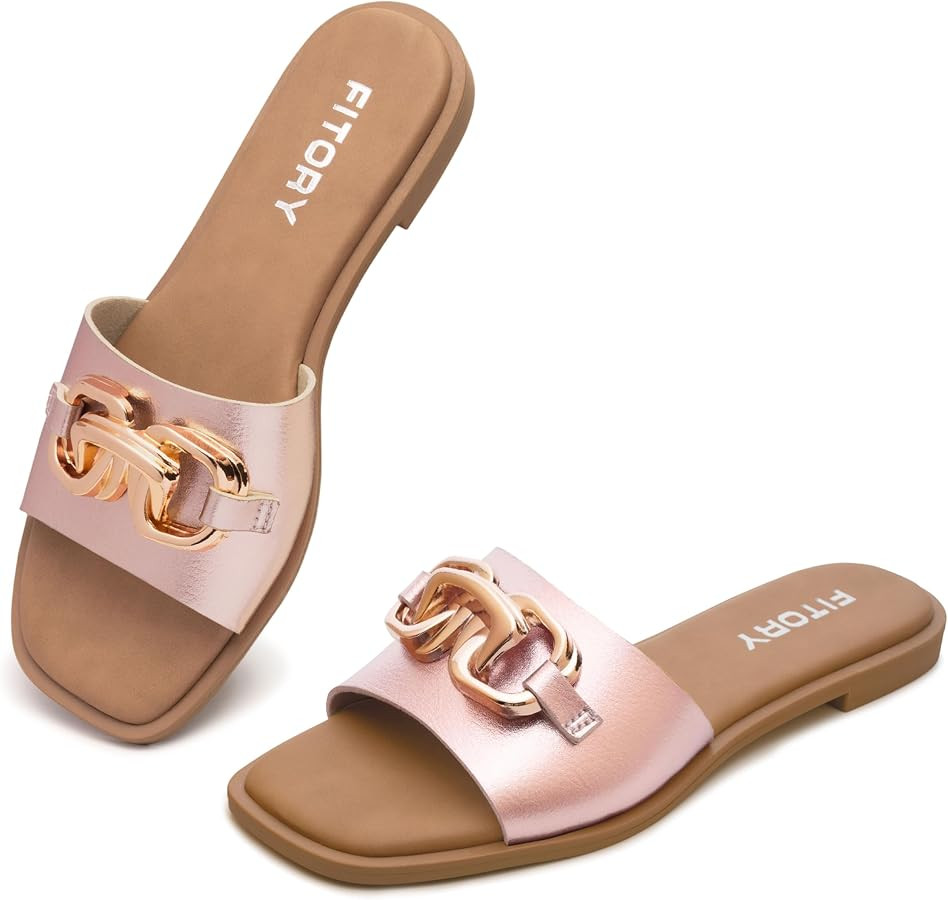FITORY Women's Flat Sandals Fashion Slides With Soft Leather Slippers for Summer Size 6-11 | Amazon (US)