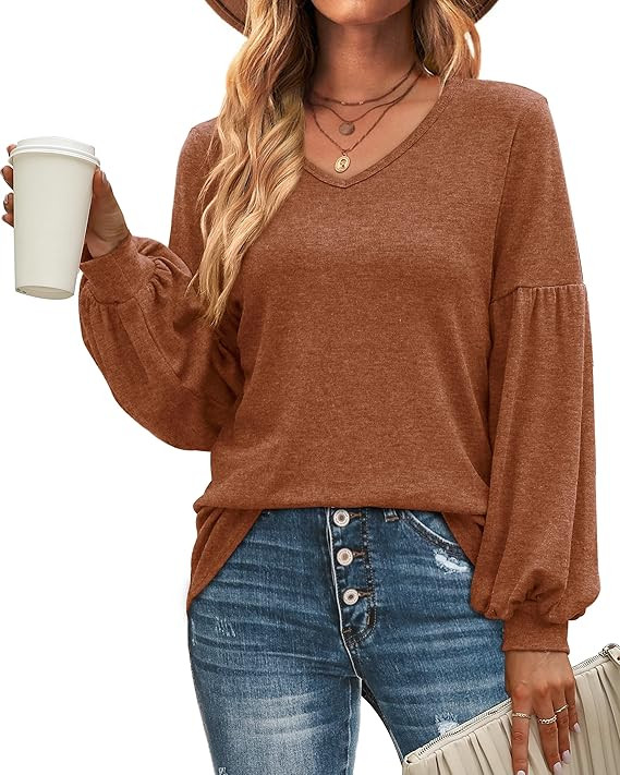 WIHOLL Womens V Neck Shirts Balloon Sleeve Blouses Casual Tunic Tops | Amazon (US)