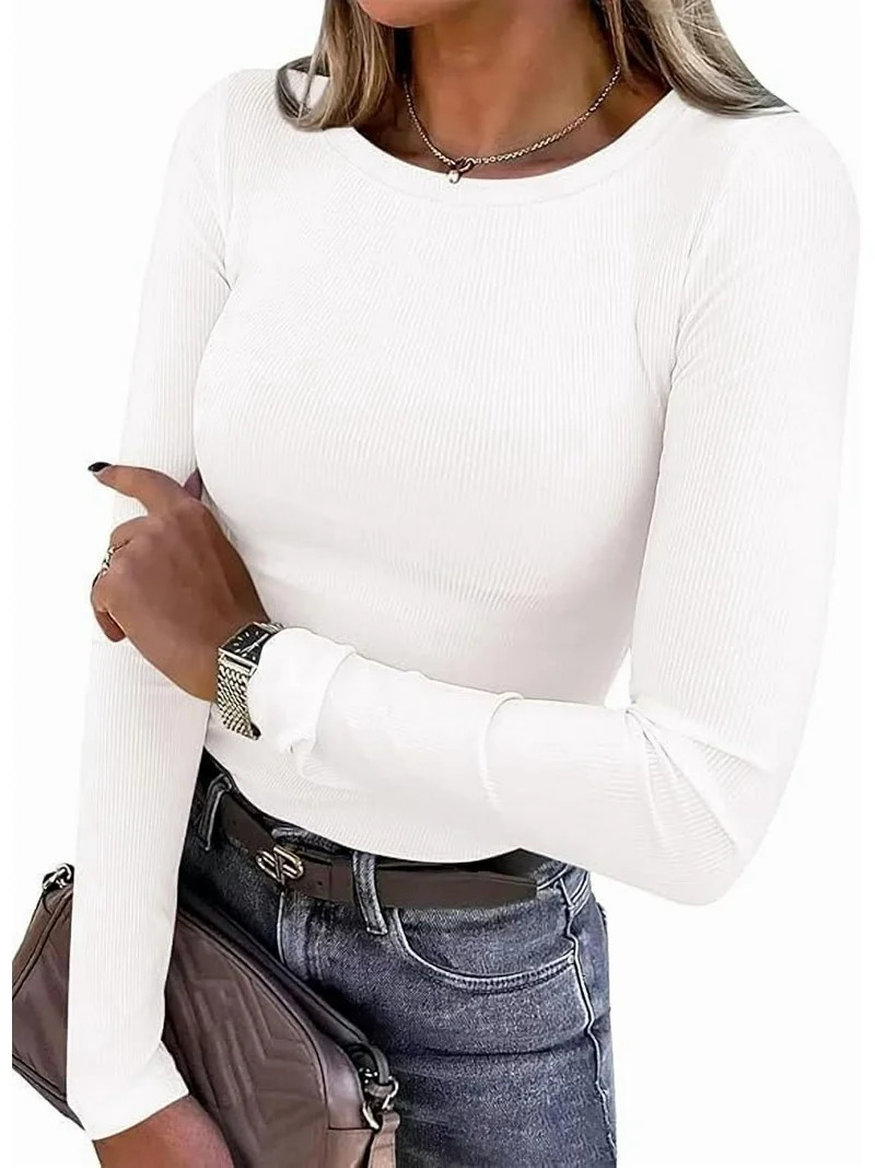 PRETTYGARDEN Women Summer Long Sleeve Shirts Ribbed Knit Crewneck Fitted Basic Tee Going Out Tops... | Walmart (US)