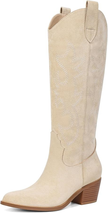 Erocalli White Cowgirl Boot Cowboy Boots for Women Embroidered Pull-On Chunky Stacked Heel Knee H... | Amazon (US)