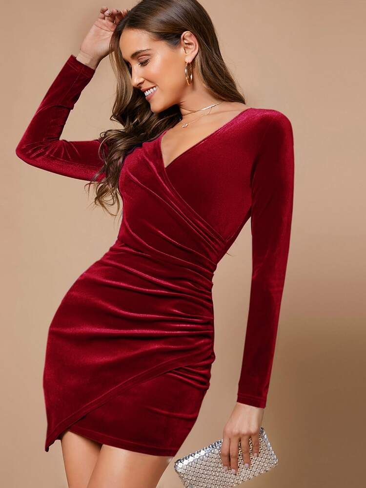 SHEIN Wrap Front Ruched Detail Velvet Dress | SHEIN