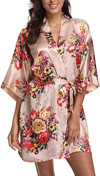 Women's Floral Satin Short Robe Bathrobe Bridesmaid Gift Bridal Party Wedding Favor | Amazon (US)