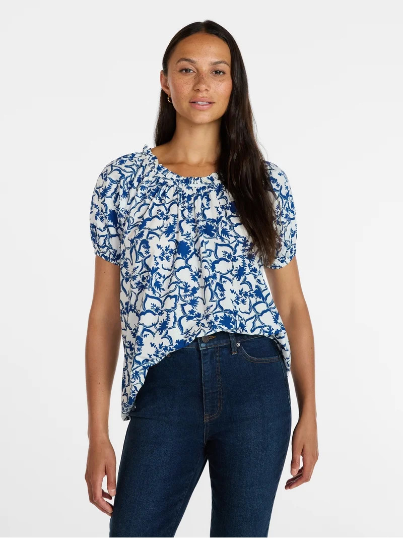 Time and Tru Women's Ruffle Neck Cotton Top with Short Puff Sleeves, Sizes XS-XXXL | Walmart (US)
