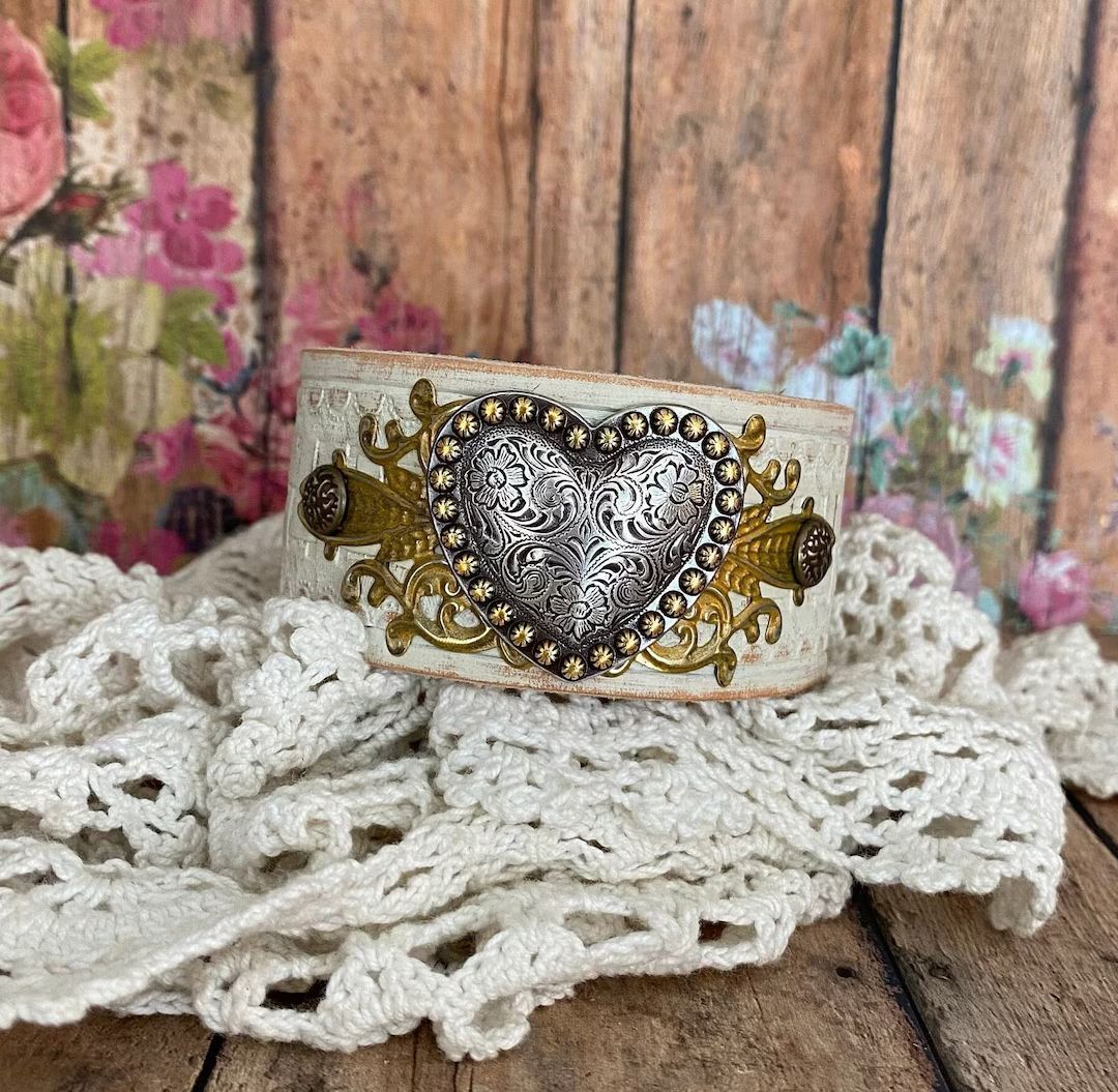 Silver & Bronze Heart Concho Filigree Cream Leather Cuff Bracelet Leather Wristband. Heart Bracel... | Etsy (US)