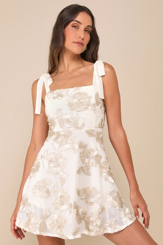 Truly Inspiring Ivory Mesh Floral Applique Tie-Strap Mini Dress | Lulus