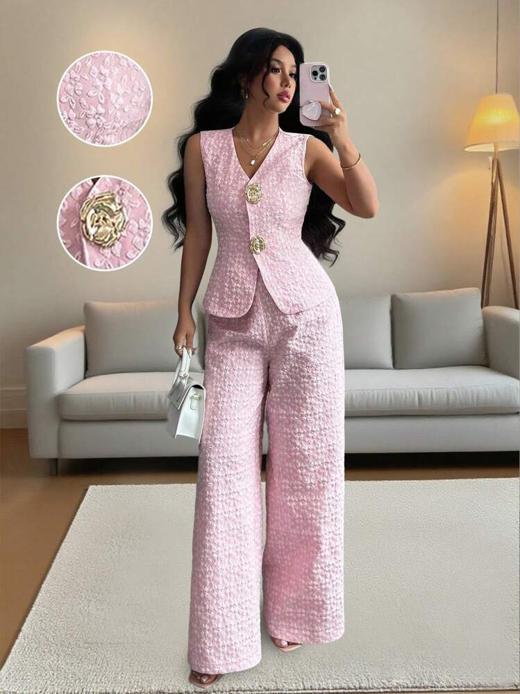 Selianne 1 Set Women's Elegant Pink Texture 2 Pieces | SHEIN