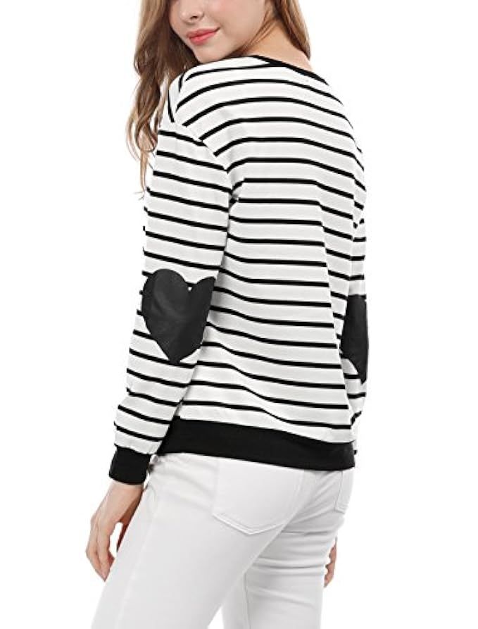 Allegra K Women's Elbow Patch Contrast Stripes Heart Prints Top | Amazon (US)