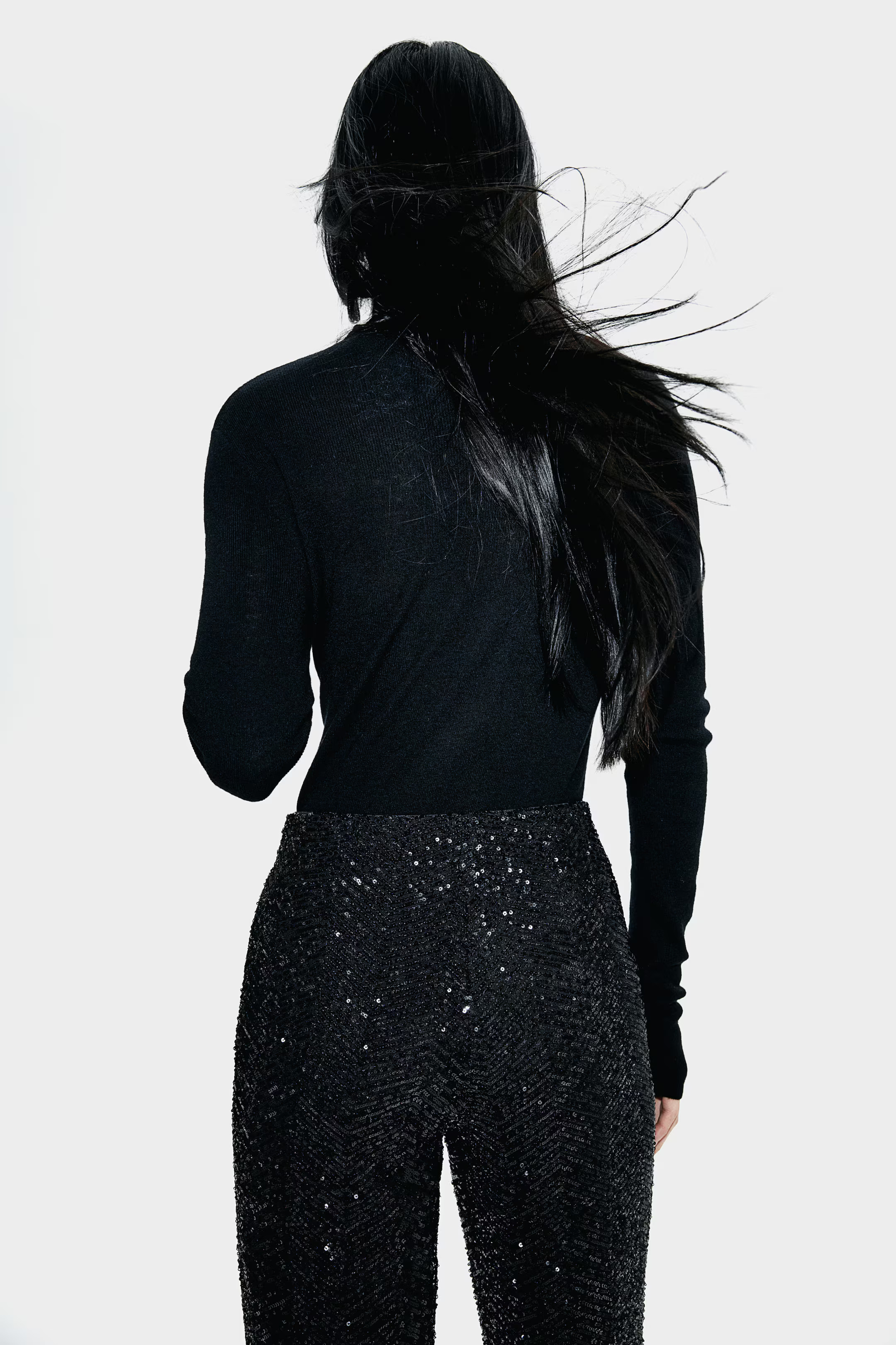 Sequined trousers - Black/Herringbone-patterned - Ladies | H&M GB | H&M (UK, MY, IN, SG, PH, TW, HK)