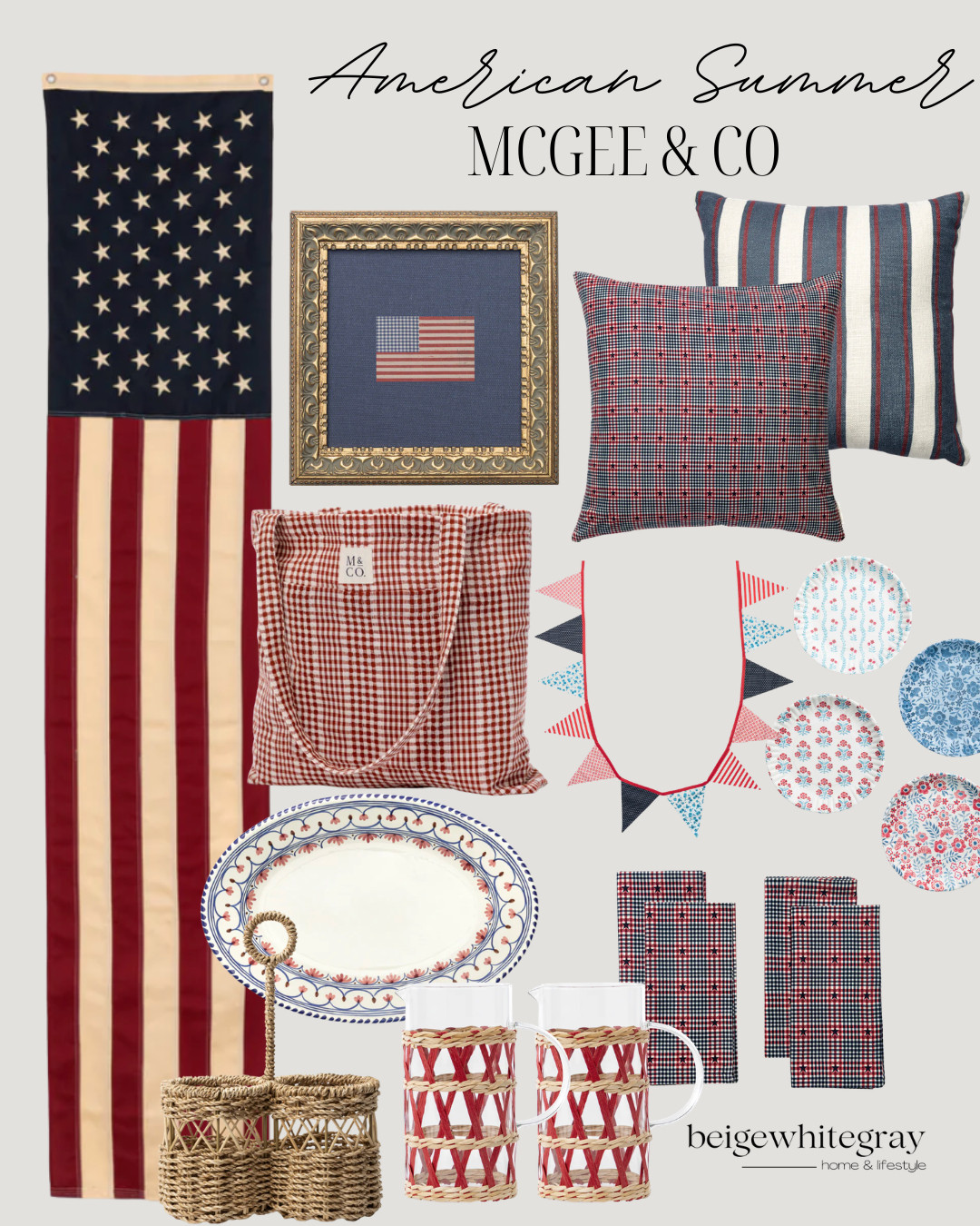 Mcgee and Co, Americana summer decor, patriotic home decor, fourth of july decorations, red white and blue decor, americana style, patriotic porch decor, american flag banner, patriotic throw pillows, gingham tote bag, summer entertaining, patriotic tablescape, cottage americana decor, vintage american flag art, patriotic bunting, red white blue party decor, summer picnic decor, woven drinkware, rattan accessories, patriotic serving platter, festive summer decor, grandmillennial style, traditional american decor, memorial day decorations, independence day decor, labor day decor, summer home styling, patriotic accent pillows, woven caddy organizer, outdoor entertaining decor, classic americana home

#LTKSeasonal #LTKHome