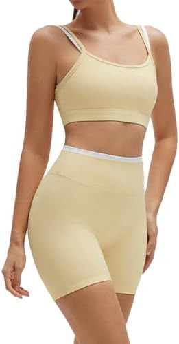SUUKSESS Women 2 Pieces Workout Sets Padded Spaghetti Straps Camis High Waist Biker Shorts | Amazon (US)