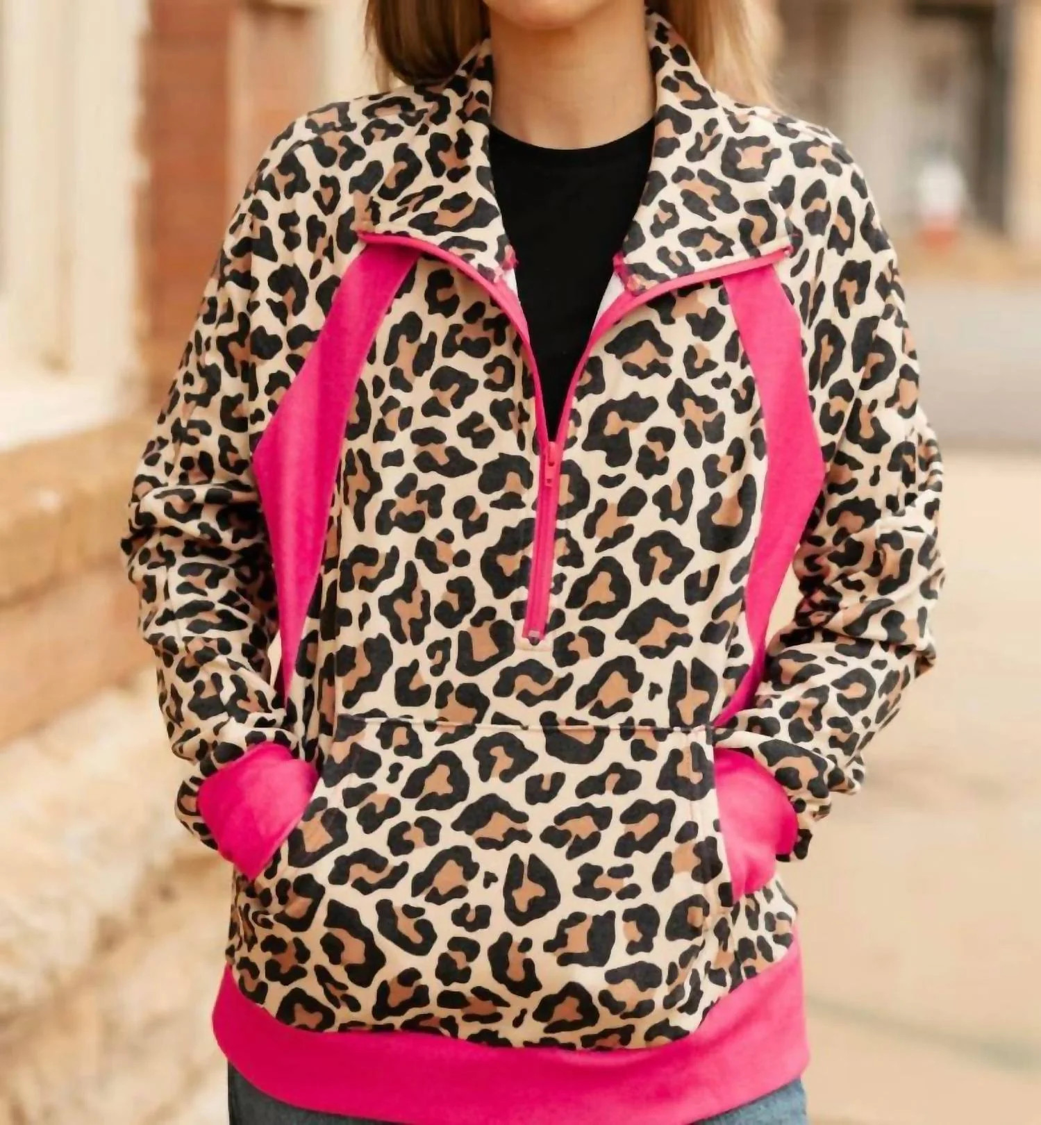 Quarter Zip Pullover In Pink And Leopard | Shop Simon