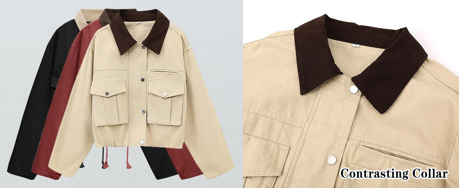 Megfie Womens Cropped Jacket Contrast Collar Utility Coat Cargo Jacket Barn Jacket Outwear with P... | Amazon (US)