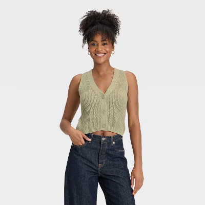 Women's Button-Front Sweater Vest - Universal Thread™ Green L | Target
