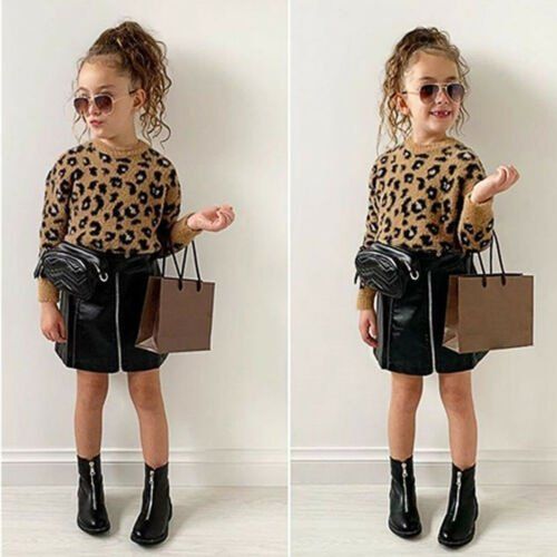 Toddler Kids Baby Girl Leopard Cheetah Print Sweater Top + Zipper Leather Skirt Dress Warm Outfit... | Walmart (US)