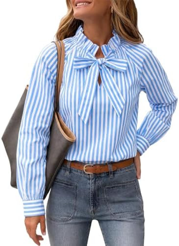 Cicy Bell Womens Striped Bow Tie Blouse Puff Long Sleeve Ruffle Cotton Tops | Dressy Casual, V Ne... | Amazon (US)