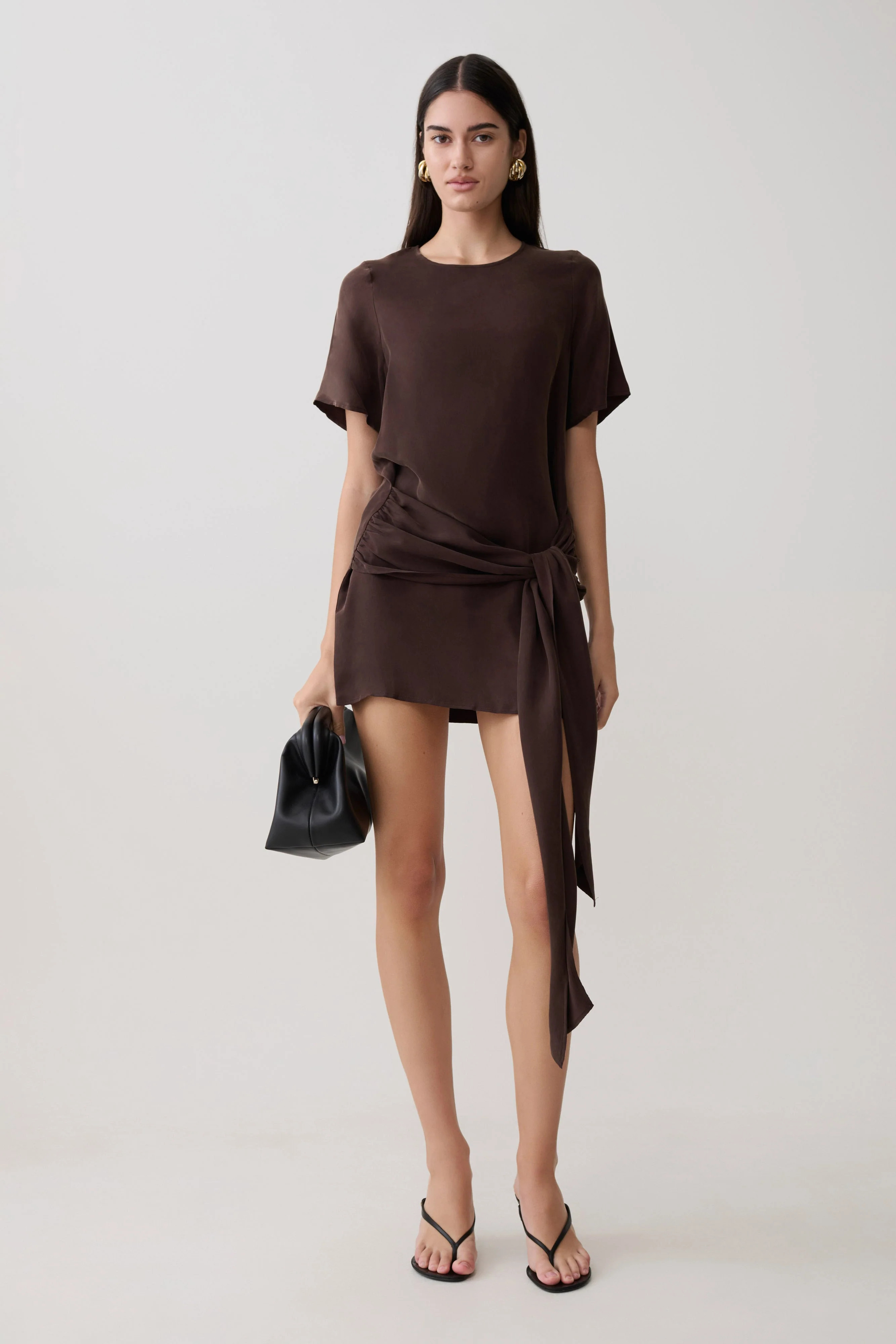 Felicity Short Sleeve Dress With Waist Tie - Dark Chocolate | Meshki UK