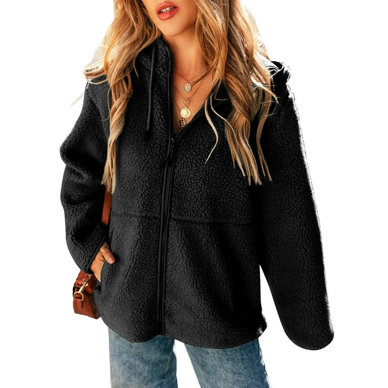 SHEWIN Womens Sherpa Jackets Fuzzy Hooded Zip Up Coats Casual Solid Long Sleeve Fleece Shacket Ja... | Walmart (US)