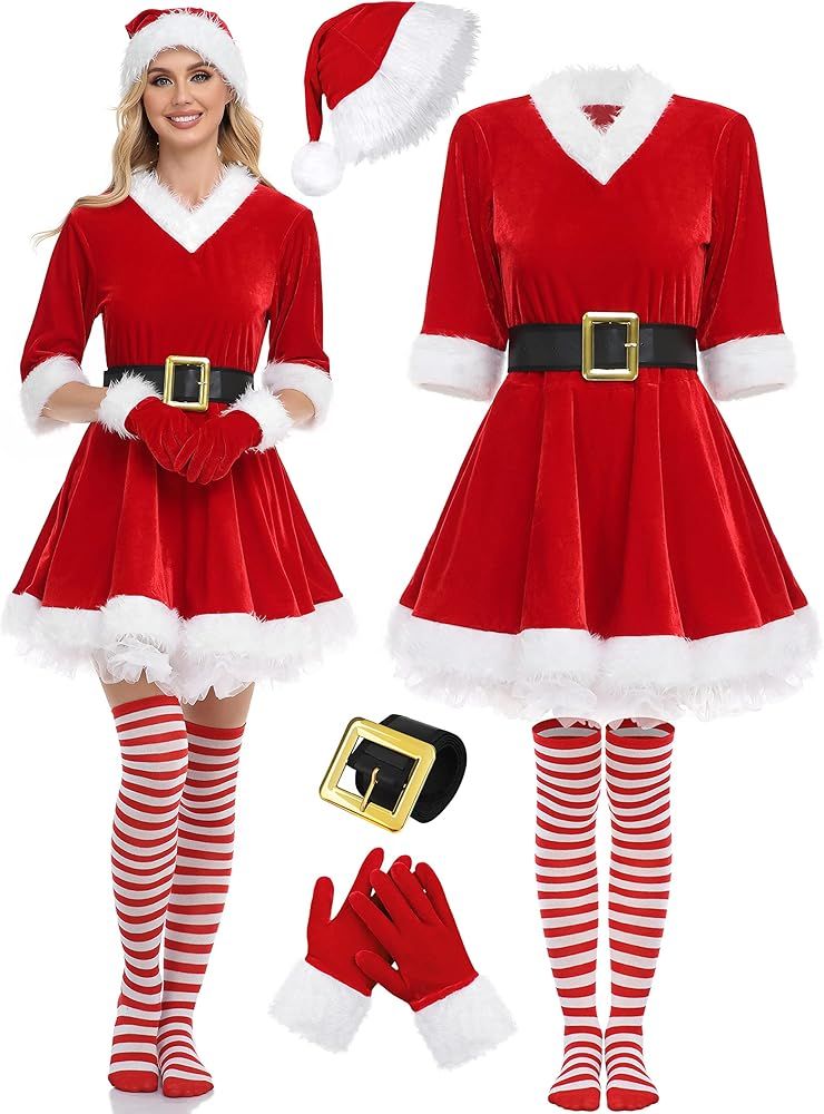 SOMSOC 5 Pack Women Christmas Costume Set Velvet Dress with Belt Striped Over Knee High Socks San... | Amazon (US)