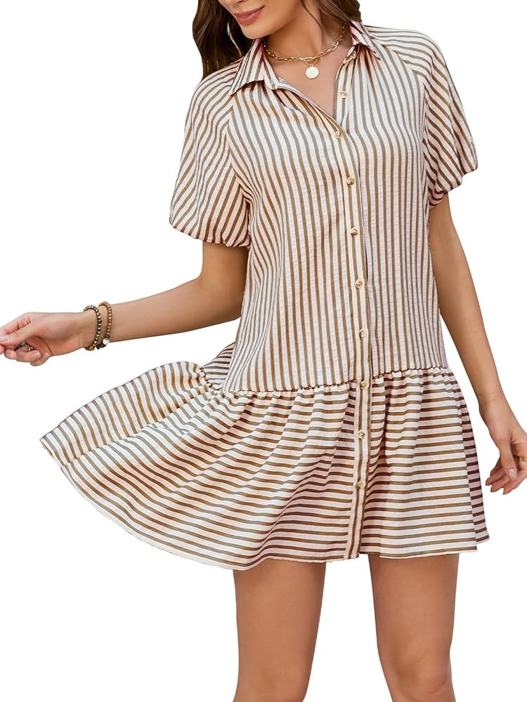 Womens Summer Striped Shirt Dress Short Puff Sleeve Button Down Ruffle Flowy Dress Loose Fit Casu... | Amazon (US)