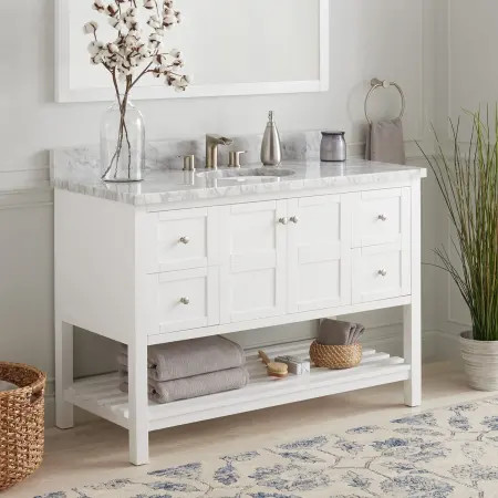 Signature Hardware Everett 48" Single Vanity Set with Wood Cabinet, Marble Vanity Top, and Oval U... | Build.com, Inc.