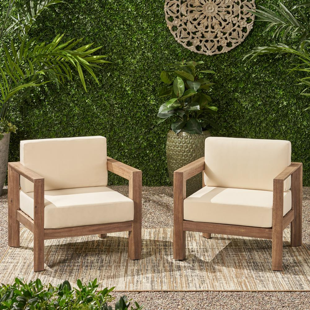 Genser Brown Removable Cushions Wood Outdoor Lounge Chairs with Beige Cushions (2-Pack) | The Home Depot