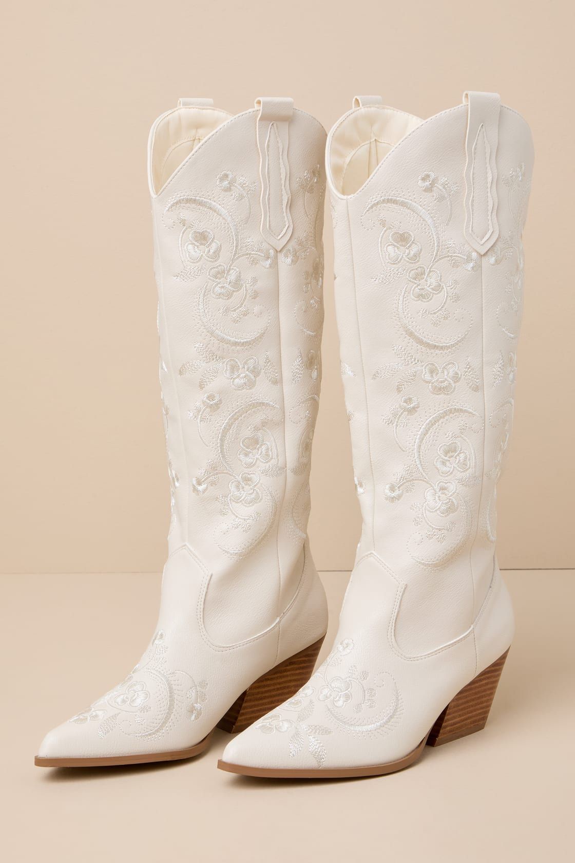Zakai Ivory Embroidered Knee-High Slip-On Western Boots | Lulus