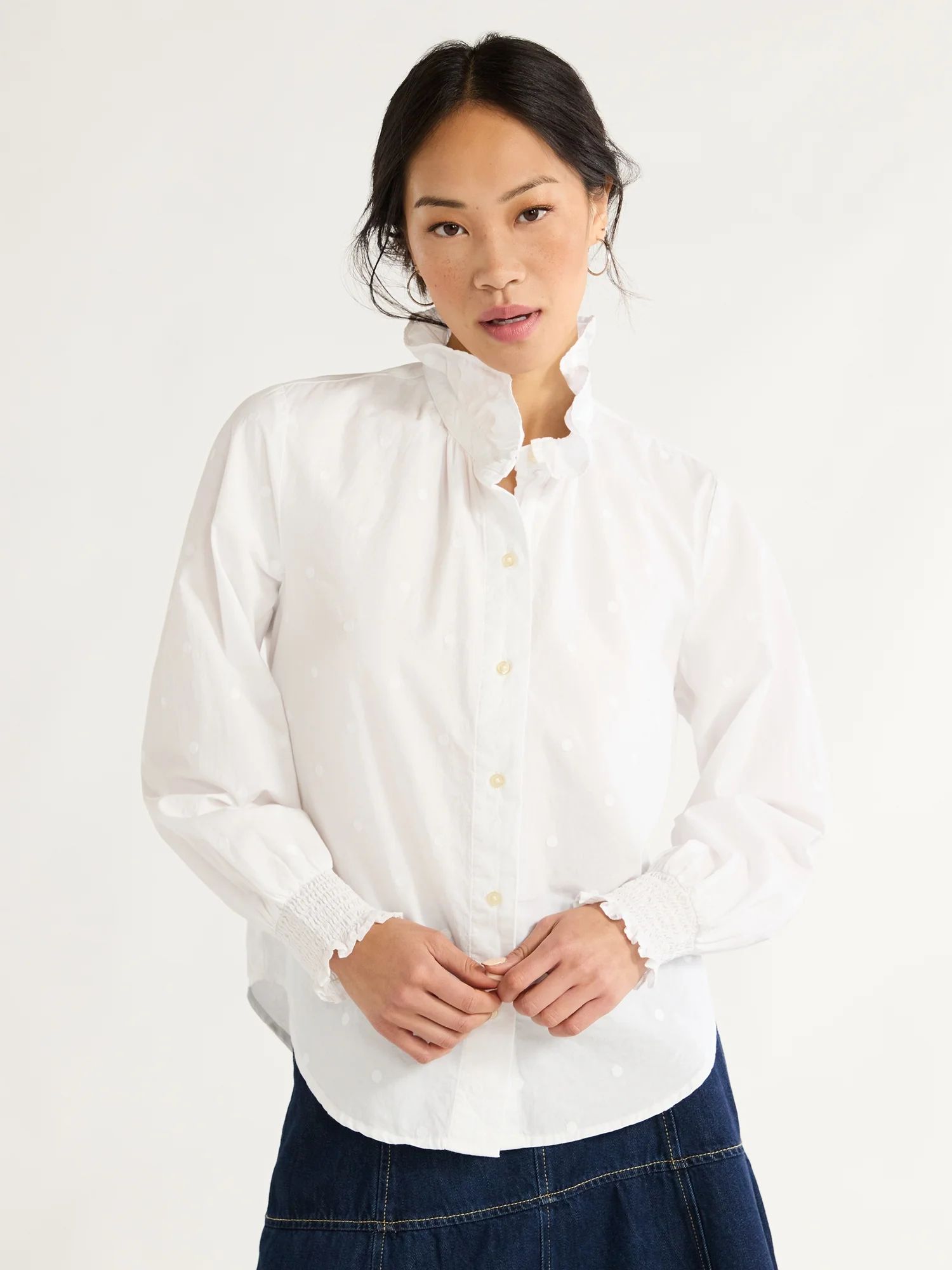 Free Assembly Women’s Ruffle Neck Cotton Blouse, Sizes XS-XXL | Walmart (US)